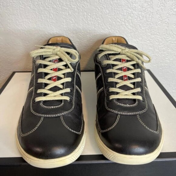 PRADA Capra Black Leather Casual Shoes Low Top Sneakers Mens Sz 8.5 4E FIT US 10 - Picture 1 of 13